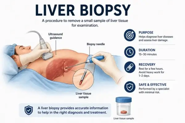 Liver biopsy procedure infographic showing needle sample collection with ultrasound guidance for liver diagnosis Kaizen Gastro Care