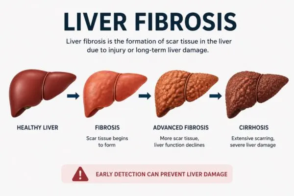 Liver fibrosis stages progression from healthy liver to cirrhosis showing scar tissue development and liver damage infographic